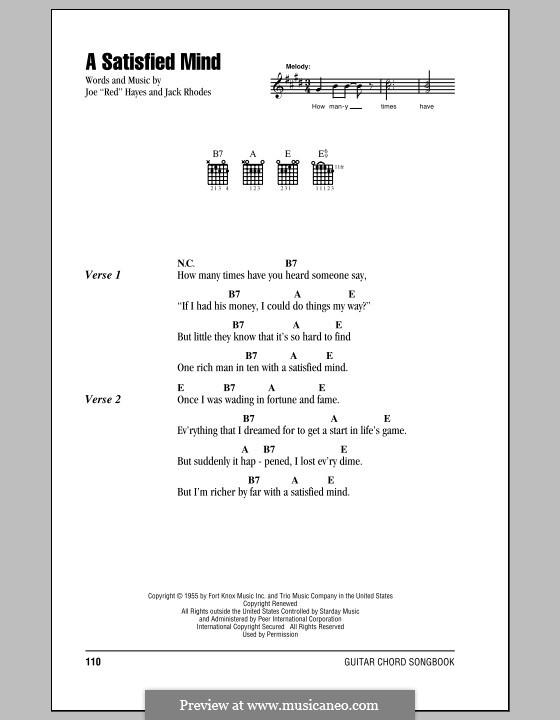 A Satisfied Mind: Lyrics and chords by Jack Rhodes, Red Hayes