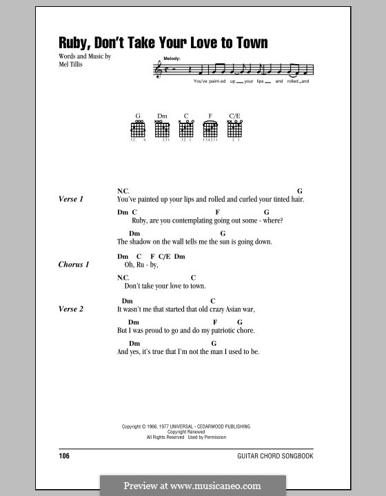 Ruby, Don't Take Your Love to Town (The Killers): Lyrics and chords by Mel Tillis