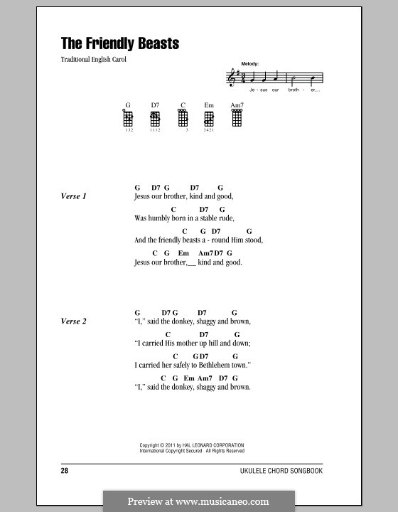 The Friendly Beasts: Ukulele with strumming patterns by folklore