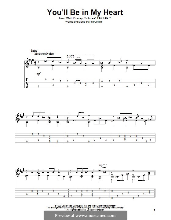 You'll Be in My Heart (from Walt Disney's Tarzan): For guitar with tabulature (A Major) by Phil Collins