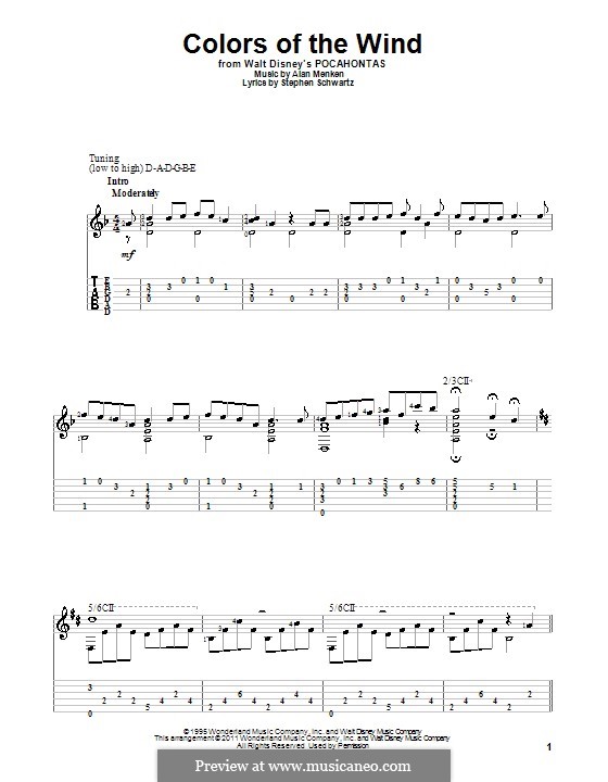 Colors of the Wind (from Pocahontas): For guitar with tab by Alan Menken