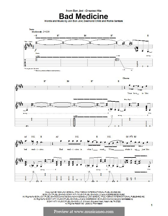 Bad Medicine (Bon Jovi): For guitar with tab by Desmond Child, Jon Bon Jovi, Richie Sambora