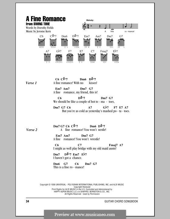 A Fine Romance: Lyrics and chords by Jerome Kern