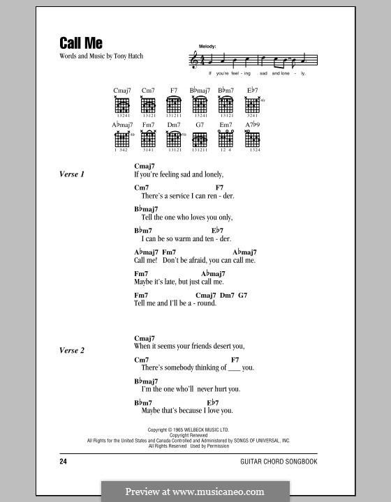 Call Me: Lyrics and chords by Tony Hatch