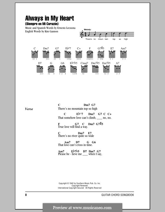 Always in My Heart (Siempre en mi Corazon): Lyrics and chords by Ernesto Lecuona, Kim Gannon