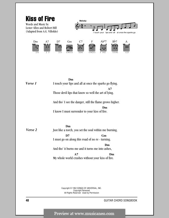 Kiss of Fire: Lyrics and chords (Georgia Gibbs) by Lester Allen, Robert Hill