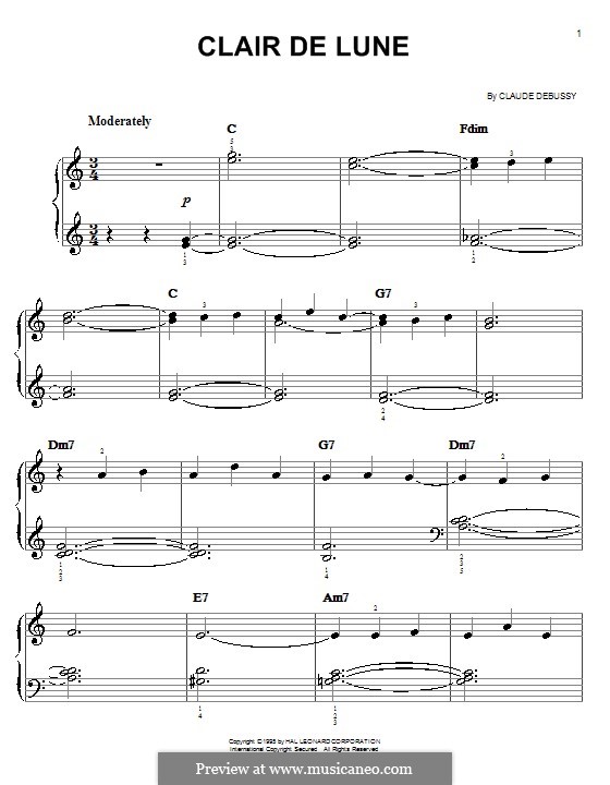 No.3 Clair de lune, for Piano: Version for easy piano (with chords) by Claude Debussy