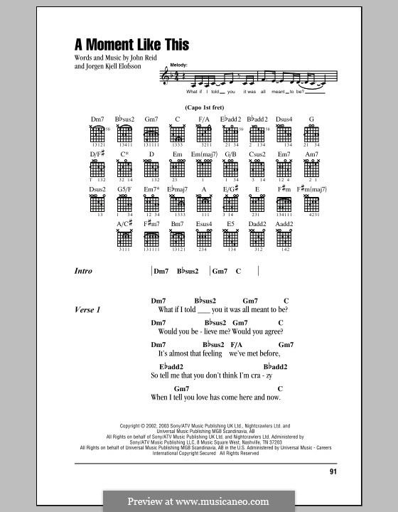 A Moment Like This: Lyrics and chords by John Reid, Jörgen Kjell Elofsson