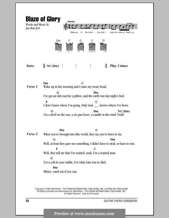 Blaze of Glory (Bon Jovi): Lyrics and chords by Jon Bon Jovi