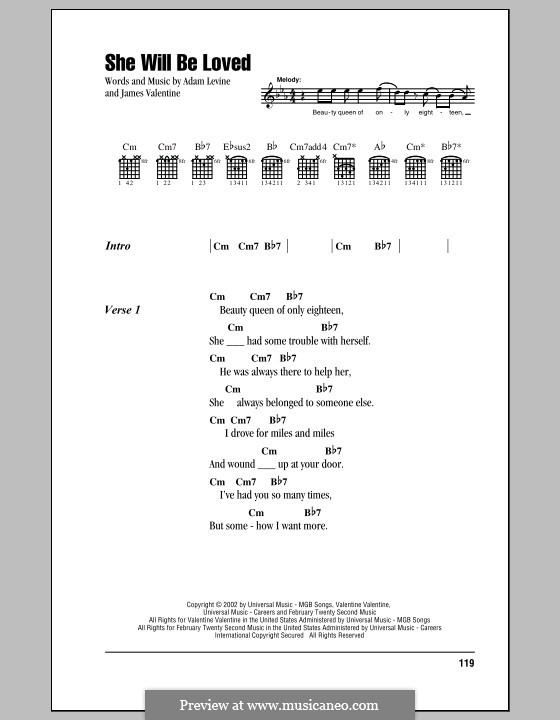 She Will Be Loved (Maroon 5): Lyrics and chords by Adam Levine, James Valentine