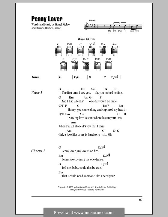 Penny Lover: Lyrics and chords by Brenda Harvey-Richie