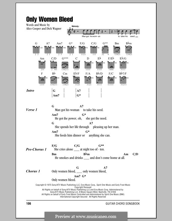 Only Women Bleed: Lyrics and chords by Alice Cooper, Dick Wagner