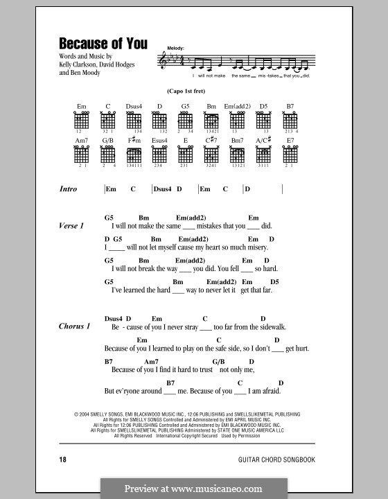 Because of You: Lyrics and chords by Ben Moody, David Hodges, Kelly Clarkson