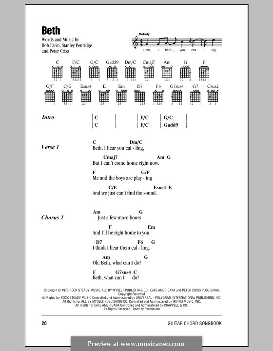 Beth: Lyrics and chords by Bob Ezrin, Peter Criss, Stan Penridge
