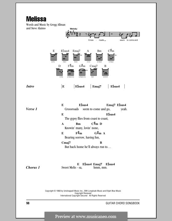 Melissa (The Allman Brothers Band): Lyrics and chords by Gregg Allman, Steve Alaimo