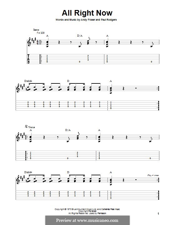 All Right Now (Free): For guitar with tabulature by Andy Fraser, Paul Rodgers