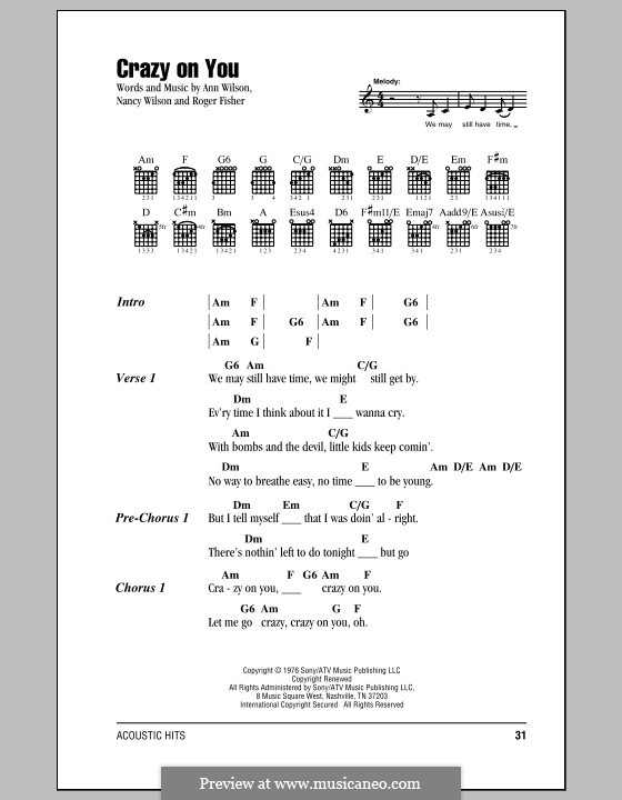 Crazy on You (Heart): Lyrics and chords by Ann Wilson, Nancy Wilson, Roger Fisher