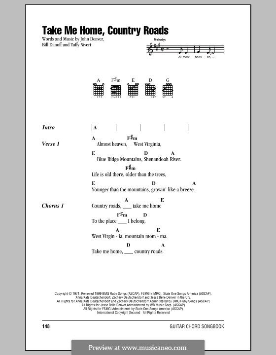 Take Me Home, Country Roads: Lyrics and chords by Bill Danoff, John Denver, Taffy Nivert