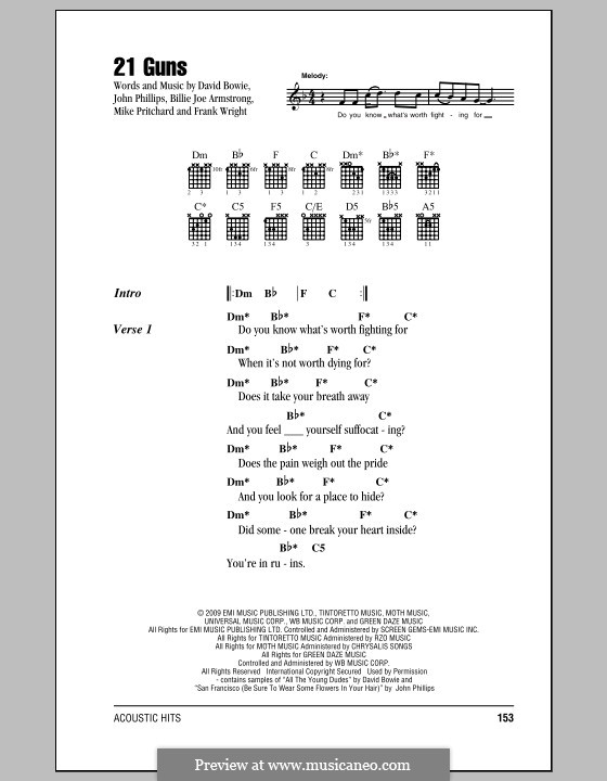 21 Guns (Green Day): Lyrics and chords by Billie Joe Armstrong, David Bowie, Tré Cool, John Phillips, Michael Pritchard