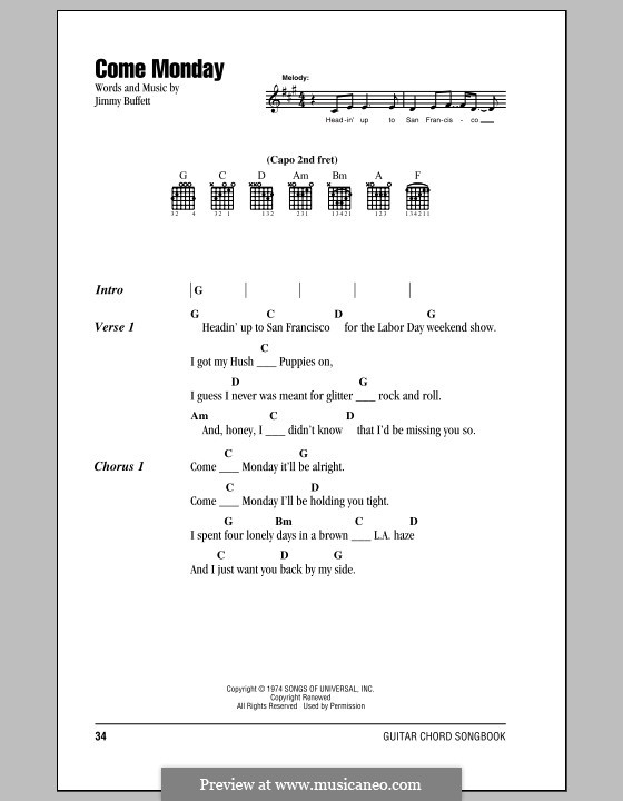 Come Monday: Lyrics and chords by Jimmy Buffett