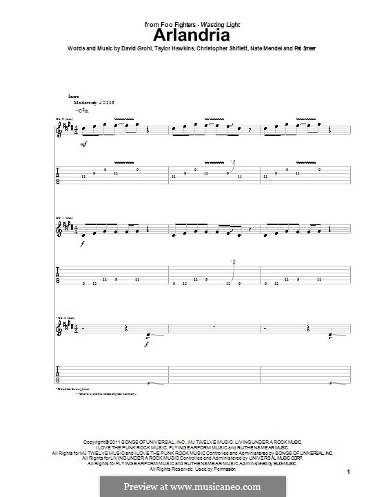 Arlandria (Foo Fighters): For guitar with tab by Christopher Shiflett, David Grohl, Nate Mendel, Pat Smear, Taylor Hawkins