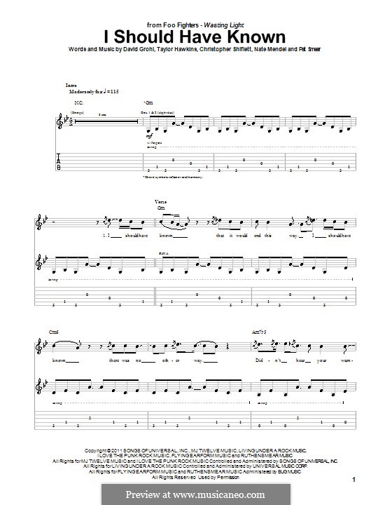 I Should Have Known (Foo Fighters): For guitar with tab by Christopher Shiflett, David Grohl, Nate Mendel, Pat Smear, Taylor Hawkins