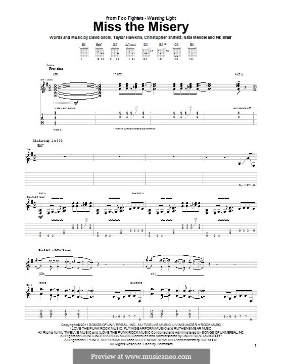 Miss the Misery (Foo Fighters): For guitar with tab by Christopher Shiflett, David Grohl, Nate Mendel, Pat Smear, Taylor Hawkins