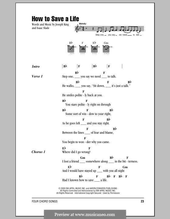 How to Save a Life (The Fray): Lyrics and chords by Isaac Slade, Joseph King