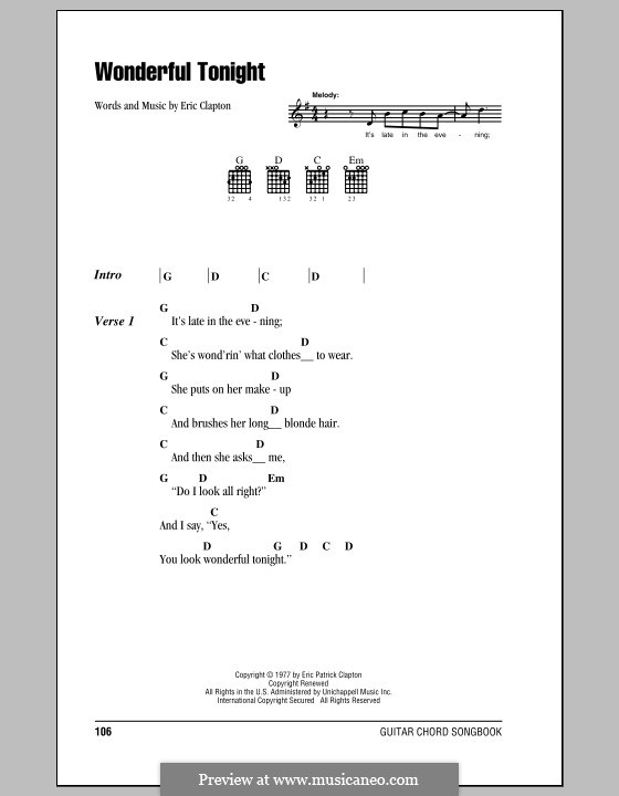 Wonderful Tonight (Piano-vocal score): Lyrics and chords by Eric Clapton