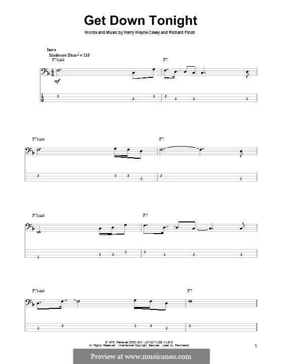 Get Down Tonight (KC & The Sunshine Band): For bass guitar with tab by Harry Wayne Casey, Richard Finch