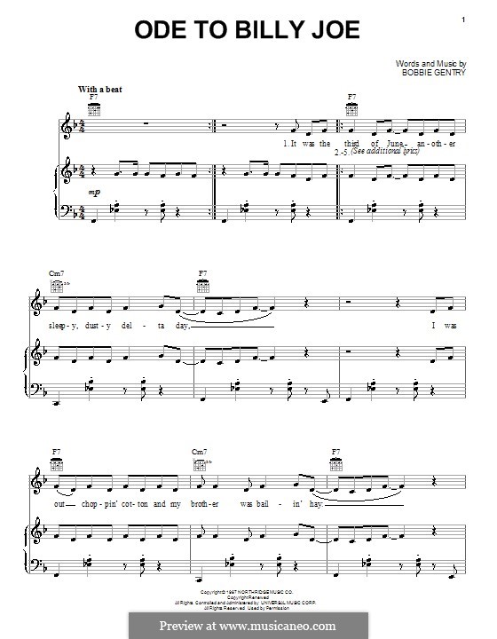 Ode To Billy Joe by B. Gentry - sheet music on MusicaNeo