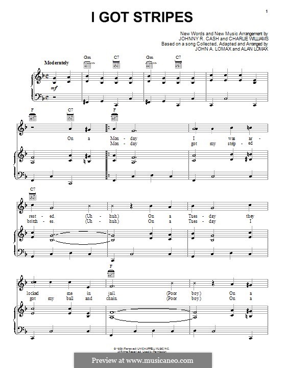 I Got Stripes: For voice and piano (or guitar) by Charles Lee Williams, Alan Lomax, John A. Lomax, Johnny Cash