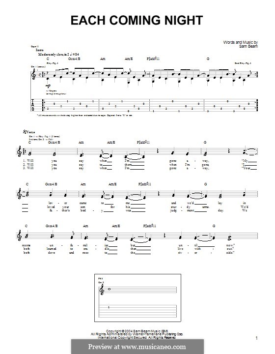 Each Coming Night (Iron & Wine): For guitar by Samuel Beam