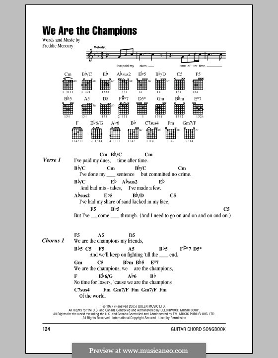 We are the Champions (Queen): Lyrics and chords by Freddie Mercury