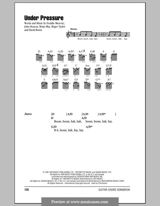 Under Pressure (David Bowie & Queen): Lyrics and chords by Brian May, David Bowie, Freddie Mercury, John Deacon, Roger Taylor