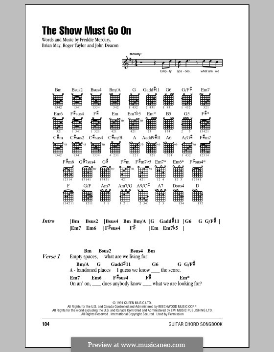 The Show Must Go On (Queen): Lyrics and chords by Brian May, Freddie Mercury, John Deacon, Roger Taylor