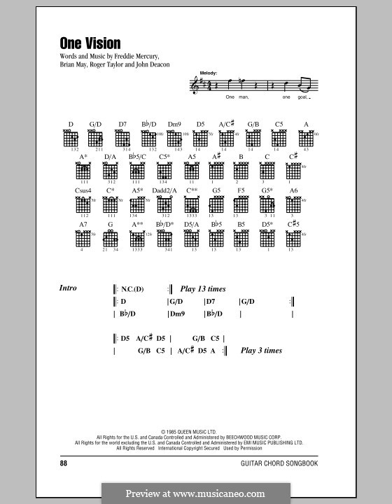 One Vision (Queen): Lyrics and chords by Brian May, Freddie Mercury, John Deacon, Roger Taylor