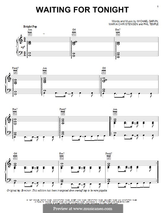 Waiting for Tonight (Jennifer Lopez): For voice and piano (or guitar) by Maria Christensen, Michael Garvin, Phil Temple