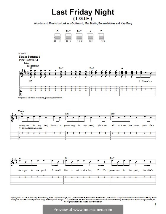 Last Friday Night (T.G.I.F.): For guitar by Bonnie McKee, Katy Perry, Lukas Gottwald, Max Martin