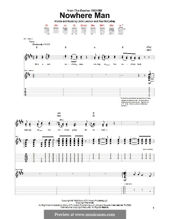 Nowhere Man (The Beatles): For guitar with tabulature (E Major) by John Lennon, Paul McCartney