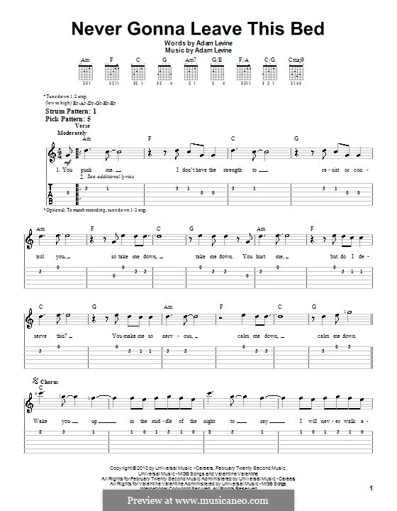 Never Gonna Leave This Bed (Maroon 5): For guitar (very easy version) by Adam Levine