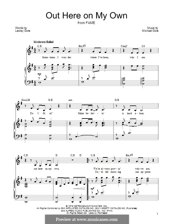 Out Here on My Own (from Fame): For voice and piano (or guitar) by Michael Gore