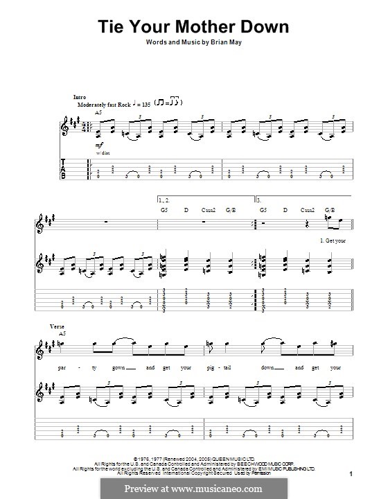 Tie Your Mother Down (Queen): For guitar with tabulature by Brian May