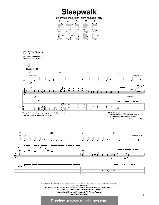 Sleepwalk (Santo & Johnny): For guitar with tab by Ann Farina, John Farina, Santo Farina