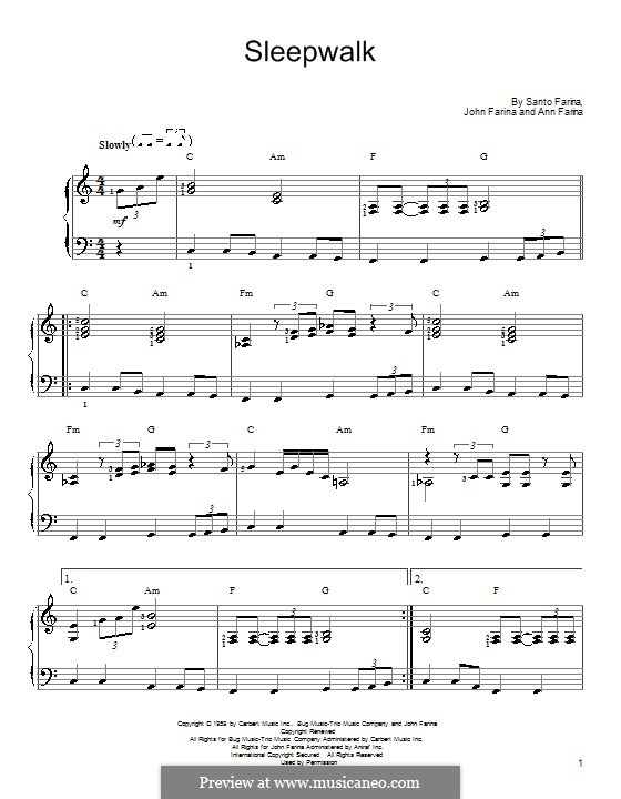 Sleepwalk (Santo & Johnny): For easy piano by Ann Farina, John Farina, Santo Farina
