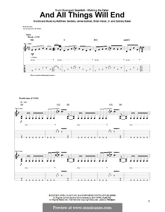 And All Things Will End (Avenged Sevenfold): For guitar with tab by Brian Haner Jr., James Sullivan, Matthew Sanders, Zachary Baker