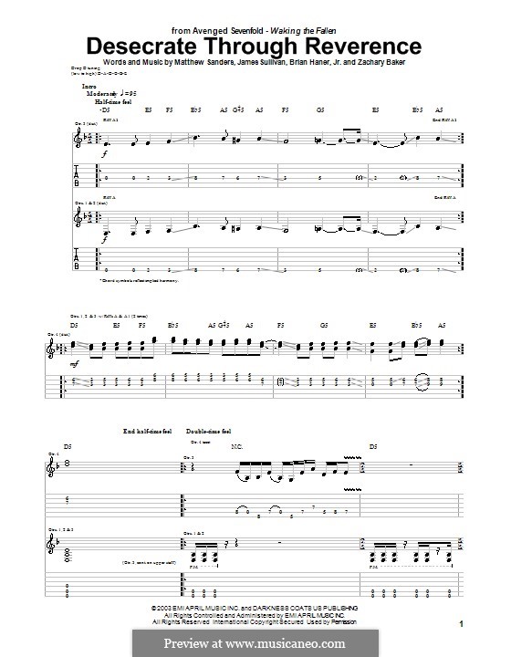 Desecrate Through Reverance (Avenged Sevenfold): For guitar with tab by Brian Haner Jr., James Sullivan, Matthew Sanders, Zachary Baker