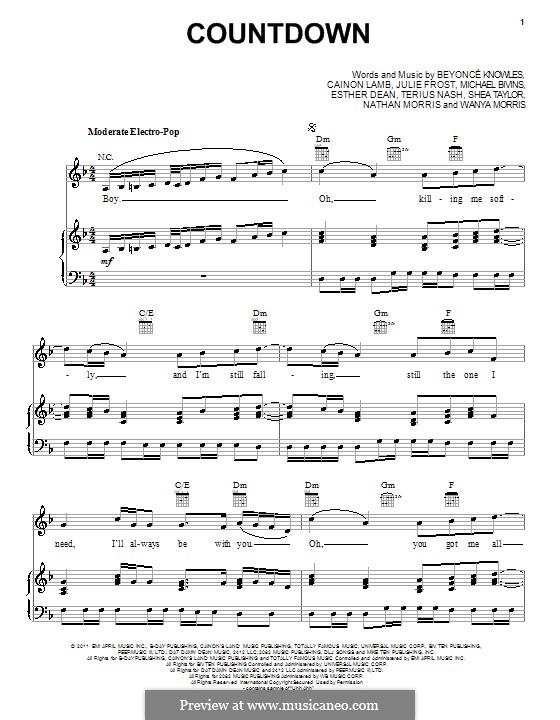 Countdown (Beyonce): For voice and piano (or guitar) by Cainon Lamb, Esther Dean, Julie Frost, Michael Bivins, Nathan Morris, Robert Shea Taylor, Shavo Odadjian, Terius Nash, Wanya Morris