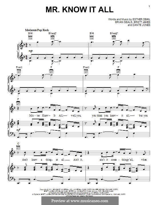 Mr. Know It All (Kelly Clarkson): For voice and piano (or guitar) by Brett James, Brian Kennedy Seals, Dante Jones, Esther Dean