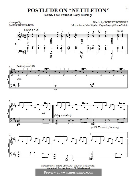 Come, Thou Fount of Every Blessing: For piano by John Wyeth